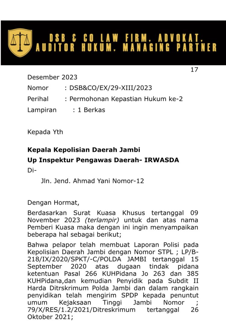 2 Tahun Laporan Dugaan Kasus Pemalsuan Surat Mandek, Duen Sasberi Minta Kepastian Hukum ke Polda Jambi